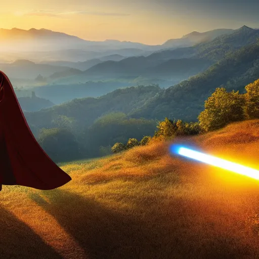 Image similar to man with a cape and holding a lightsaber, on a hill, forest and mountains in background, sunrise, highly detailed, realistic