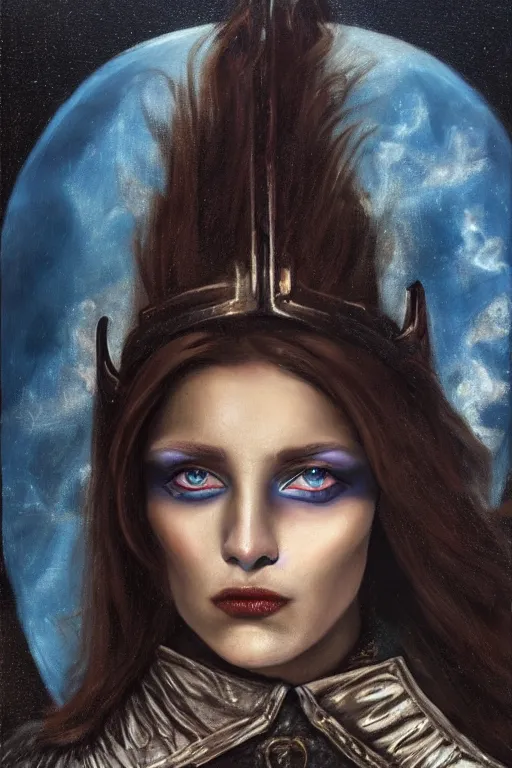 Image similar to hyperrealism oil painting, close - up portrait of european medieval brunette vampire fashion model, knight, steel gradient mixed with nebula sky, in style of baroque