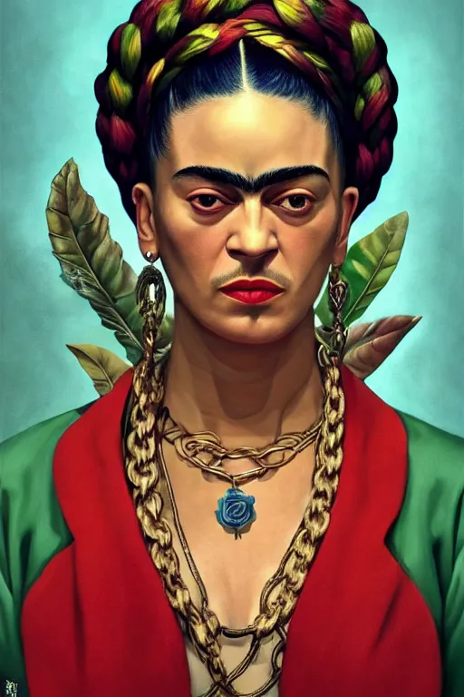 Prompt: rap album cover featuring frida kahlo wearing gangster thug outfit, staring directly into camera, intricate, elegant, dramatic lighting, highly detailed, digital painting, artstation, sharp focus, illustration, art by wlop, mars ravelo and greg rutkowski