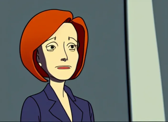 Image similar to an animation still of dana scully, in the style of studio ghibli, netflix animation, toei animation, filmation animation, traditional animation, sharp detail, animation cel