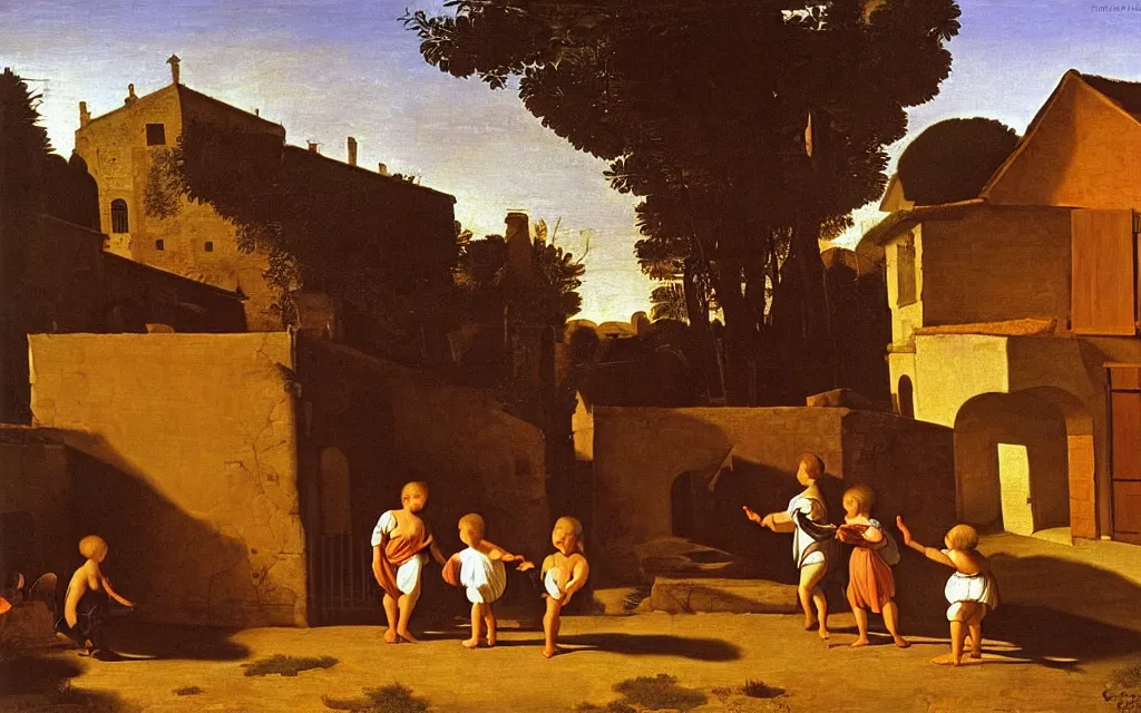 Image similar to children playing near a wash house in a medieval village at sunset orange light realist painting caravaggio
