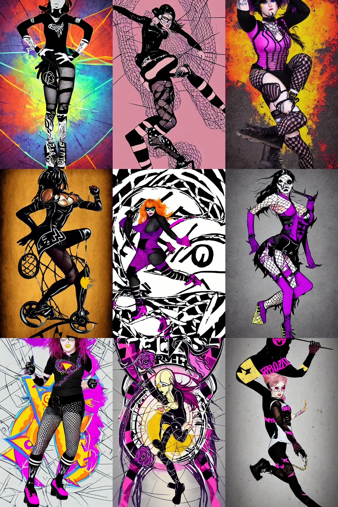 Prompt: logo design,goth roller derby girl sprinting Cross-Over, full length portrait, fishnet tights, torn, ripped, crossing the line, Caza, psychedelic