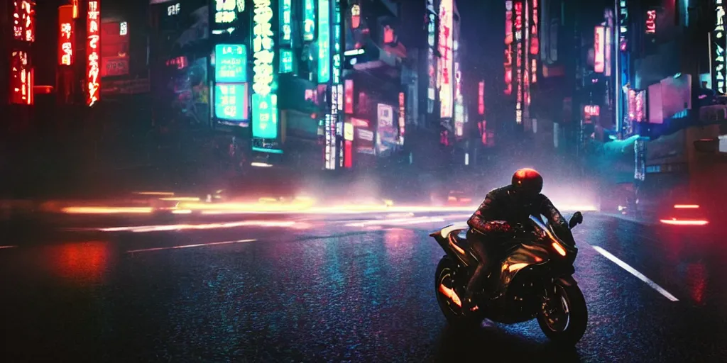 Prompt: a single sport bike, speeding down tokyo highway in the rain, night time, neon lights, thunderstorm, movie still from the film bladerunner