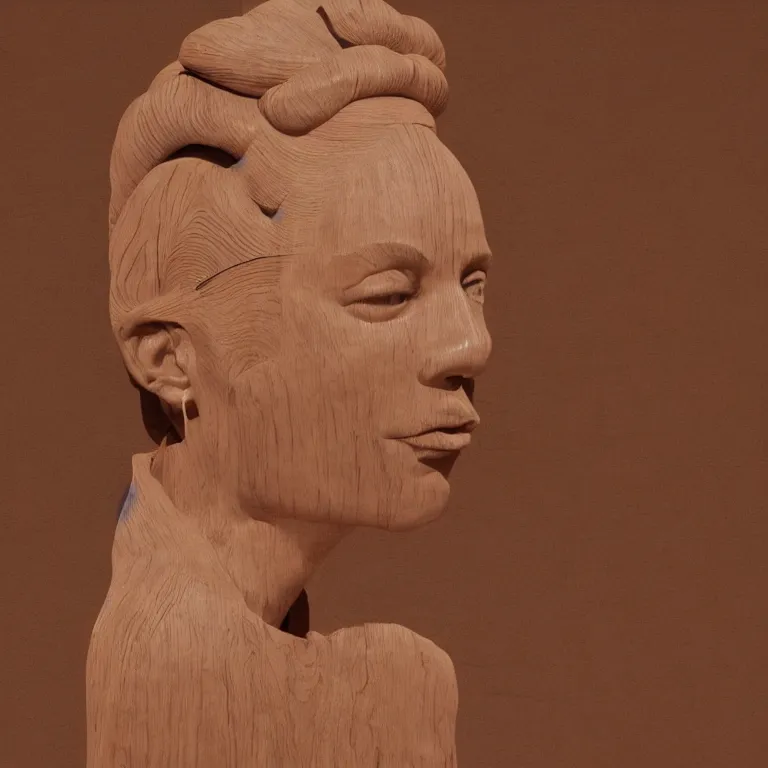 Prompt: public sculpture minimalist portrait of a powerful woman wearing a bun, beautiful symmetrical face accurate face detailed face realistic proportions, carved out of a red oak wood on a pedestal by stephan balkenhol and martin puryear, hyperrealistic dramatic lighting shocking detail trending on artstation 8 k