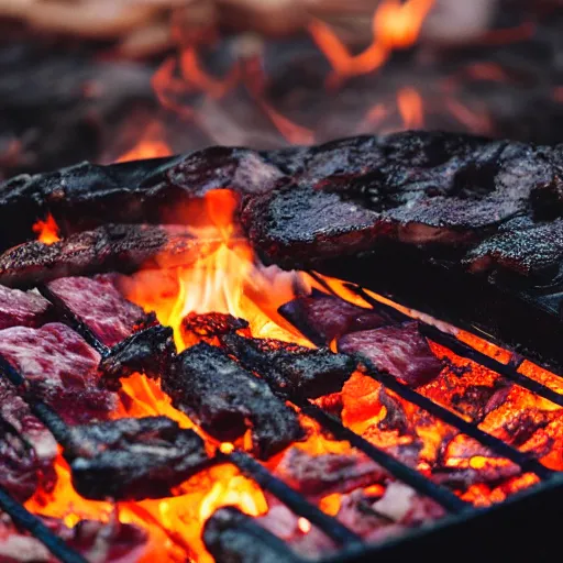 Image similar to bbq party inside of an active volcano, meat, lava, party, at golden hour, bokeh, 3 2 megapixel