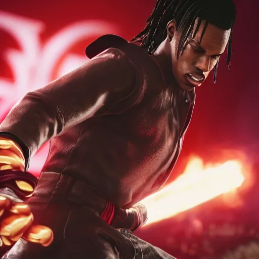 Prompt: a videogame still of Travis Scott in Tekken 7, portrait, 40mm lens, shallow depth of field, close up, split lighting, cinematic