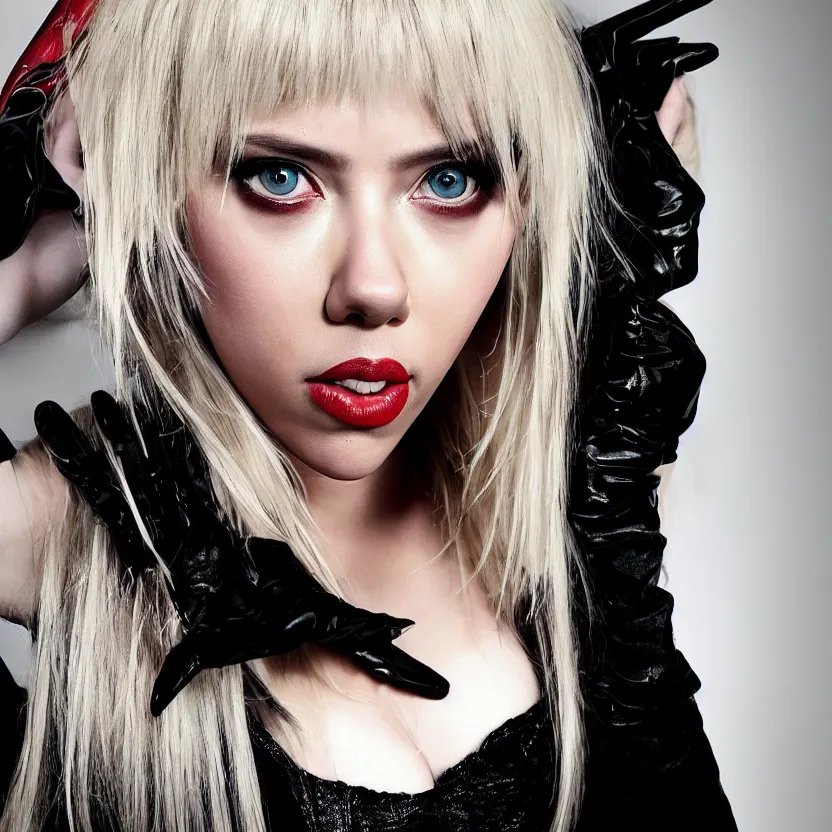 Image similar to scarlett johansson cosplaying as misa amane from death note, professional photograph