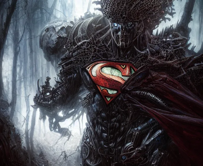 Image similar to 5 5 mm close up portrait photo of an armored biomechanical demonic superman looking at the camera, in a magical forest. dark atmosphere. art by greg rutkowski and luis royo. highly detailed 8 k. intricate. lifelike. soft light. nikon d 8 5 0.