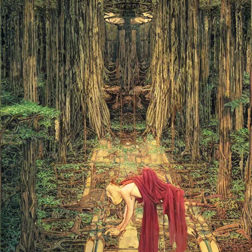 Prompt: a simple concept art of an ancient temple in the forest, an award winning yoshitaka amano digital art poster, by, james gurney and gerhard richter. art by takato yamamoto. masterpiece, deep colours.