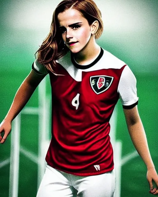 Image similar to a portrait of emma watson as a lokomotiv football player, hyper realistic