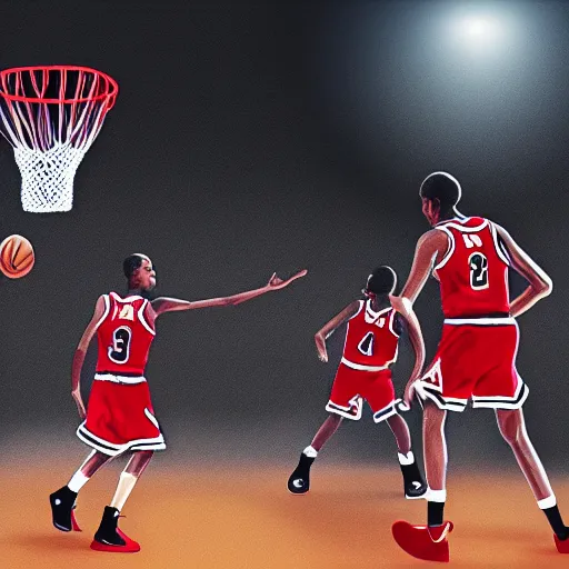 Prompt: Obama playing basketball with Michael Jordan, dramatic lighting, 4k, digital art