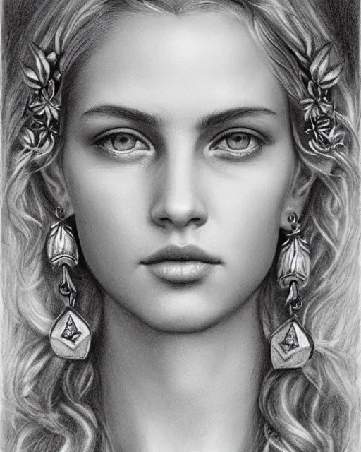 Image similar to pencil drawing of a beautiful greek goddess aphrodite wearing a laurel wreath and arrowhead earrings, beautiful confident and piercing eyes, beautiful blonde hair, hyper realistic face, in the style of greg rutkowski, fantasy, amazing detail, epic, elegant, smooth, sharp focus, from the front