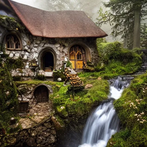 Prompt: inside a medieval hobbit home, ornate, beautiful, atmosphere, vibe, mist, smoke, chimney, rain, wet, pristine, puddles, waterfall, melting, snow, creek, lush, ice, bridge, forest, flowers, james jean