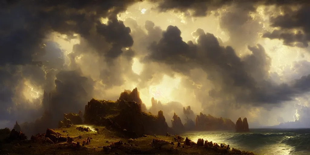 Prompt: a beautiful painting of epic skycape with thunder clouds and storm over a moody landscape by albert bierstadt and joseph zbukvic, moody color scheme, high detail, trending on artstation, orange : - 1, yellow : - 1