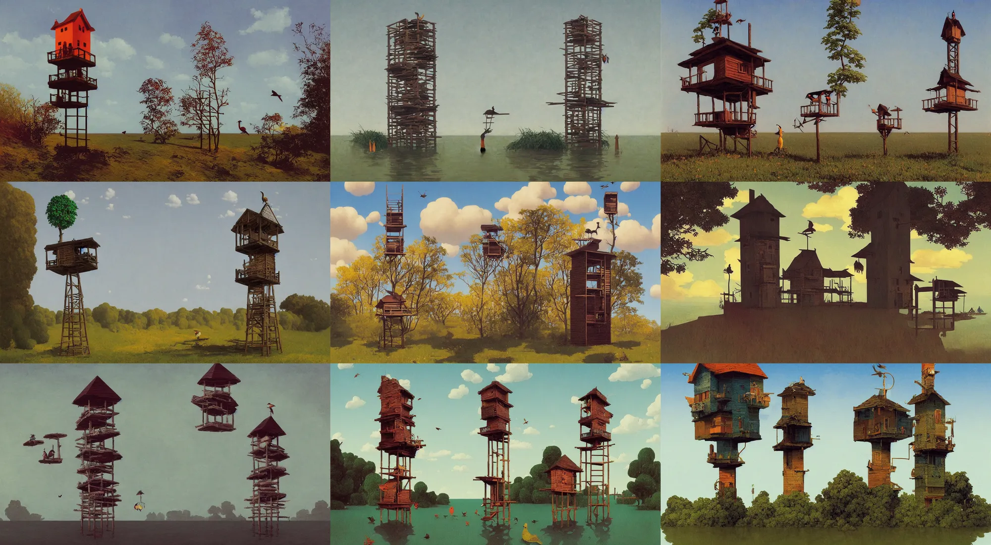 Prompt: single flooded simple wooden bird tower, very coherent and colorful high contrast!! masterpiece by rene magritte simon stalenhag carl spitzweg syd mead norman rockwell edward hopper james gilleard, minimalist, dark shadows, sunny day, hard lighting, tree