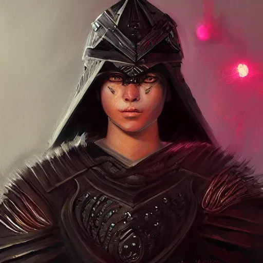 Prompt: portrait of an teenager in black ceremonial armor with a glowing black laser sword, D&D, fantasy, elegant, hopeful, muscular, highly detailed, digital painting, artstation, concept art, smooth, sharp focus, illustration