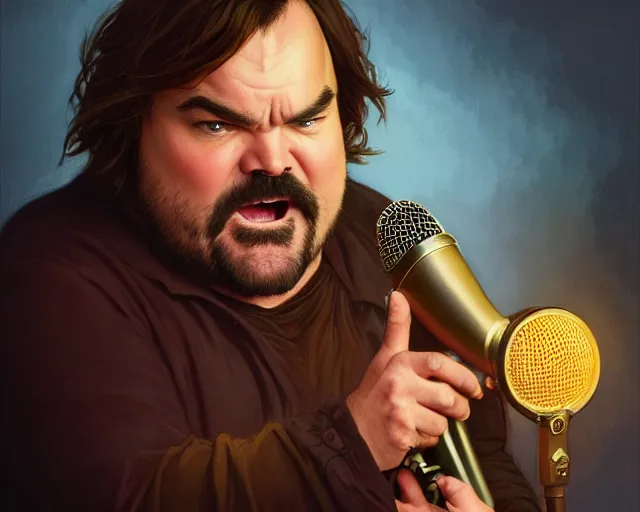 Image similar to photography of jack black singing the best song in the world in a microphone, deep focus, d & d, fantasy, intricate, elegant, highly detailed, digital painting, artstation, concept art, matte, sharp focus, illustration, hearthstone, art by artgerm and greg rutkowski and alphonse mucha