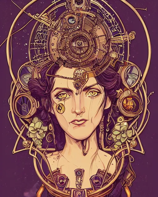 Prompt: a detailed portrait illustration of a steampunk wizard. beautiful female. art nouveau, pop art, comic book style. influenced by neil gaiman, h. p. lovecraft, dan mumford, brian froud, vadim voitekhovitch, killian eng.