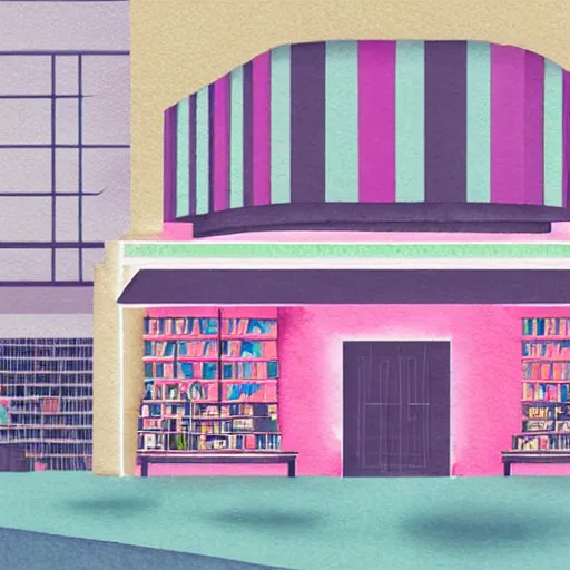 Image similar to art deco vaporwave watercolor illustration of a bookstore, in pastel and bright colors