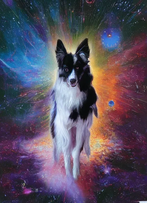 Prompt: a lilac border collie in the middle of the universe. reflection and dispersion materials. rays and dispersion of light. volumetric light. f / 3 2. noise film photo. flash photography. ultra realistic, 5 0 mm. poster by wayne barlowe, hajime sorayama aaron horkey, craig mullins