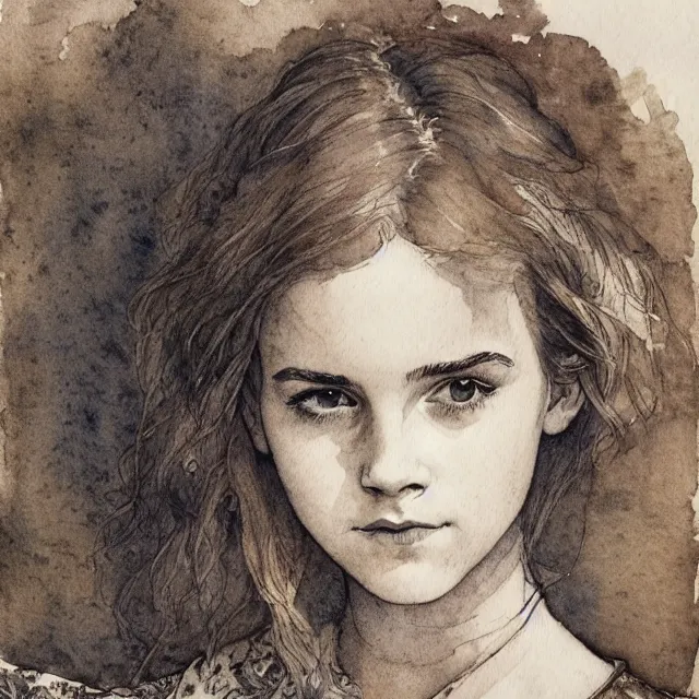 Prompt: a detailed, intricate watercolor and ink portrait illustration with fine lines of young 1 4 year old emma watson looking over her shoulder, by arthur rackham and edmund dulac and lisbeth zwerger