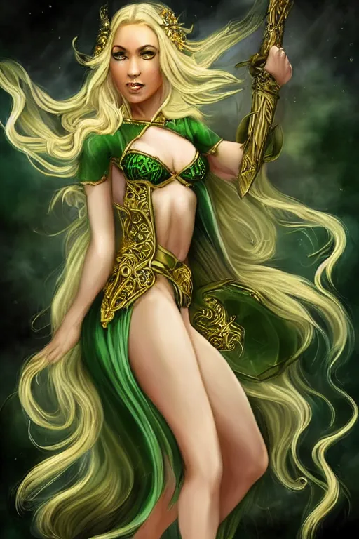 Image similar to fantasy, female, elf, fey - like, long curly hair, blond hair, warrior, dancer, green and white clothes, golden embossing, golden jewelry, swords, beautiful, elegant, portrait