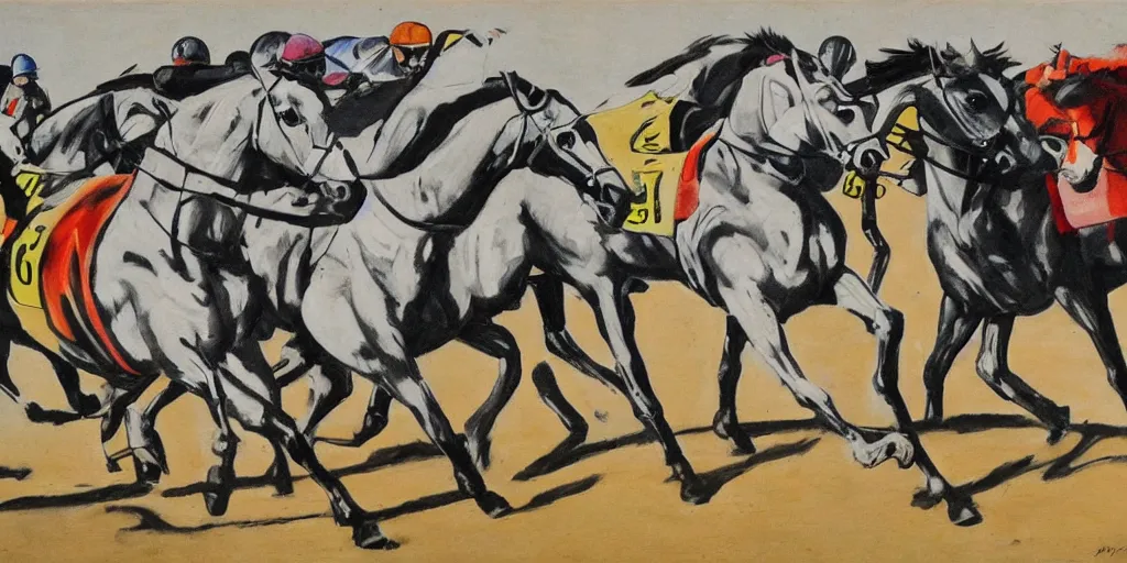 Image similar to horse race, black and white with color highlights, italian futurism style