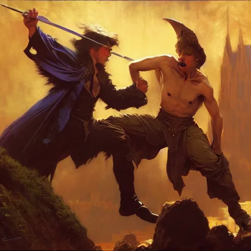 Image similar to stunning male master wizard fighting vampire, highly detailed painting by gaston bussiere, craig mullins, j. c. leyendecker, 8 k