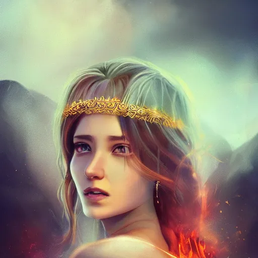 Image similar to masterpiece portrait of an aesthetic beautiful realistic fire mage woman, 3 0 years old woman, hair with lighter colorful strands, wearing a thin golden diadem with ruby inlays, digital painting by wlop and by joachim bergauer, cinematic lights, atmospheric effects and fog in the background, 8 k, octane render, artstation, deviantart, instagram