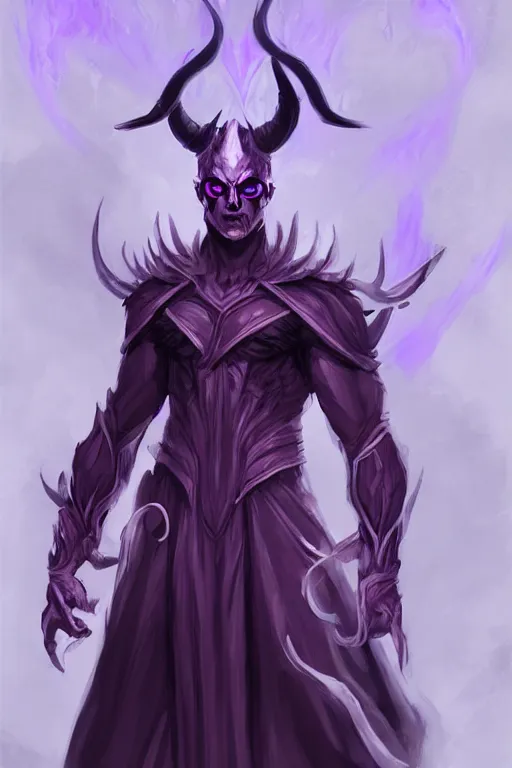 Prompt: man male demon, full body purple cloak, character concept art, shape shifter, costume design, illustration, white horns, trending on artstation, Artgerm , WLOP