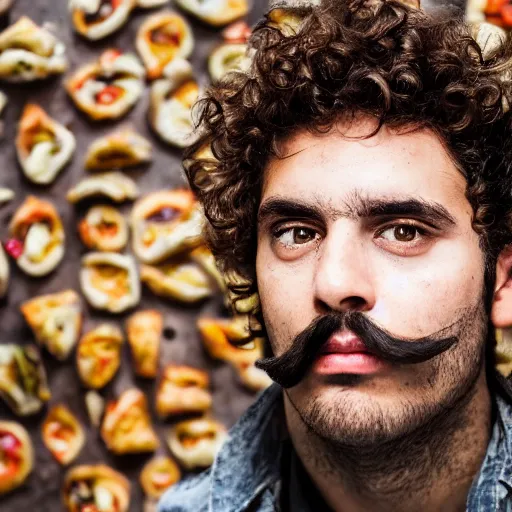 Image similar to Young Italian man with curly hair, moustache and a short beard covered in pizza sauce. Sigma 85mm f_1.4, 4k, portrait photography