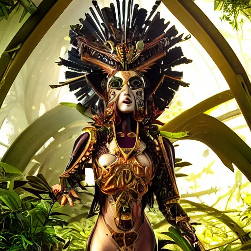 Image similar to mystical evil android queen with obsidian eyes, wearing an elaborate helmet, in a jungle, octane render, 8 k, unreal engine, by todd mcfarlane and artgerm and greg rutkowski and alphonse mucha