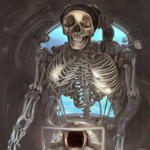 Image similar to hyperrealistic photography of a machine entering a beautiful skeleton astronaut host in the style of jin kagetsu, james jean and wlop, highly detailed, sharp focus, intricate concept art, digital painting, ambient lighting, 4 k, artstation