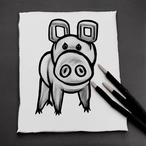 Image similar to minecraft pig horror evil, black and white charcoal sketch