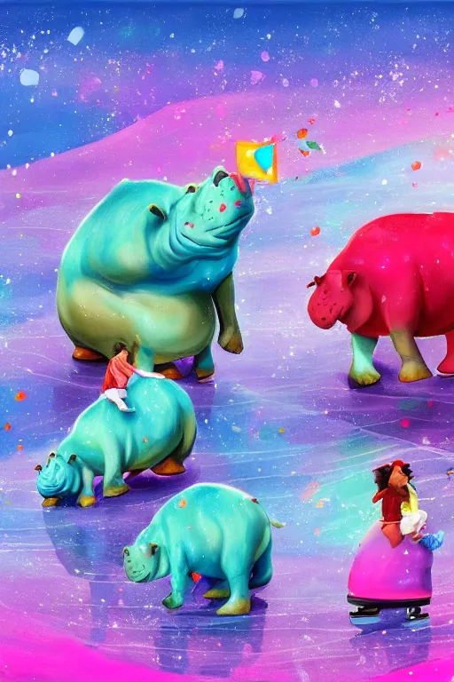 Prompt: colorful hippos ice skating, digital art, artstation trending, digital painting