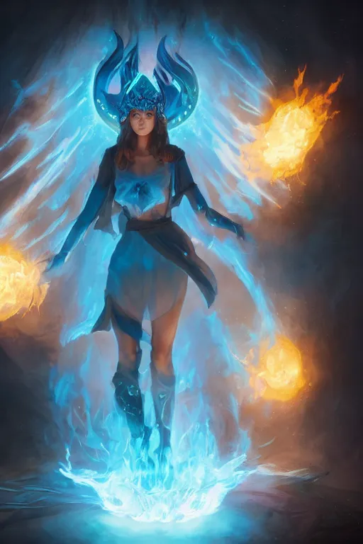 Image similar to a fancy portrait of a beautiful dark magician girl wearing a large witches hat covered in light blue flames flames by Greg Rutkowski, Sung Choi, Mitchell Mohrhauser, Maciej Kuciara, Johnson Ting, Maxim Verehin, Peter Konig, final fantasy , mythical, 8k photorealistic, cinematic lighting, HD, high details, atmospheric,