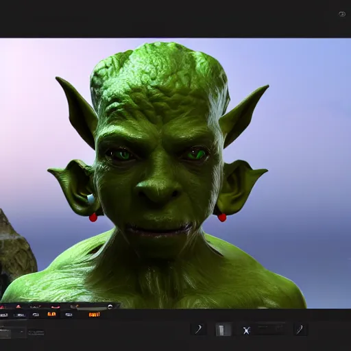 Prompt: medium portrait of a goblin, green skin, ffxiv, final fantasy 1 4 screenshot, octane render, 8 k, fantasy, rule of thirds, sharp focus