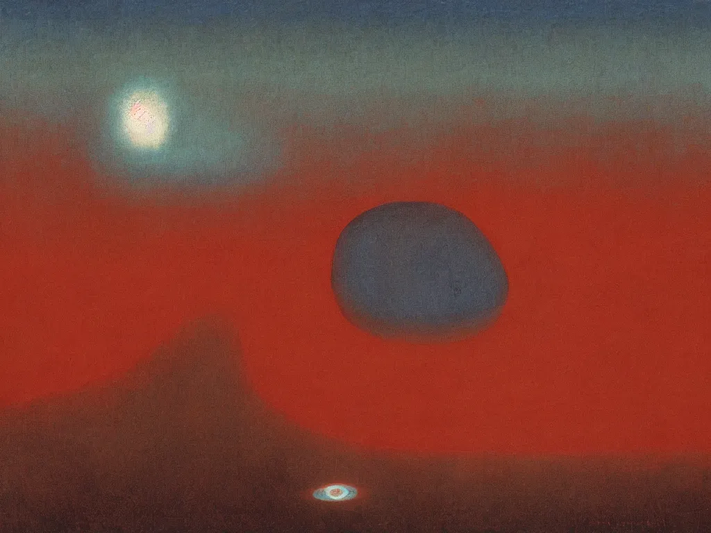 Image similar to Glowing blue eyes floating over the salt desert. Extinct fauna. Rust, spiral, melancholy, star. Painting by Rene Magritte, Agnes Pelton, Max Ernst, Yves Tanguy, Beksinski