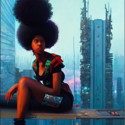 Prompt: a black girl with afro puffs sitting on top of a skyscraper in the cyberpunk city, by greg rutkowski and android jones, oil on canvas, vibrant color scheme 8k