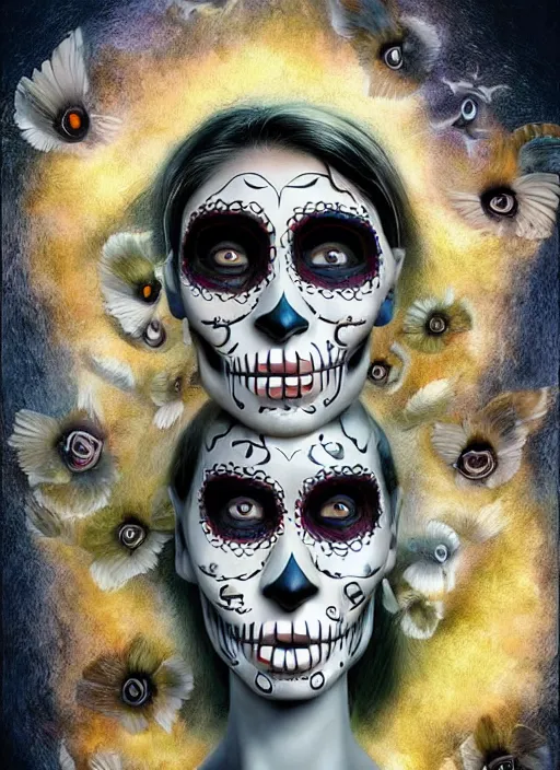 Image similar to dia de los muertos theme surrealist art in the styles of igor morski, jim warren, and osborne macharia, intricate, hyperrealistic, accurate facial details, profile picture with chromakey!!!!! background, volumetric lighting