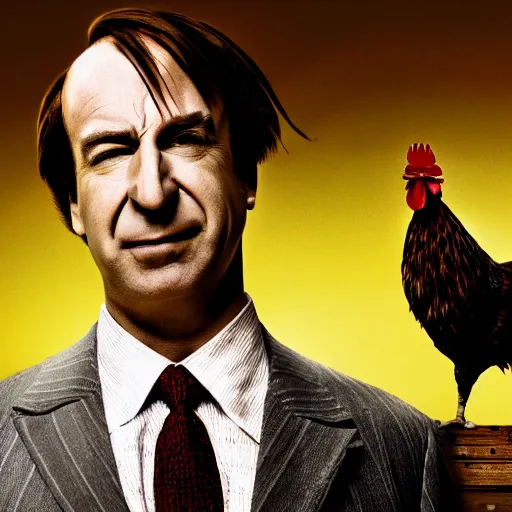 Image similar to saul goodman and a rooster in a saw movie torture chamber, saw movie jigsaw background, saul goodman, rooster, photo