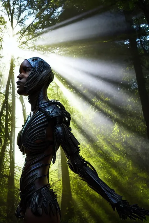 Image similar to hyperrealistic very beautiful black woman highly detailed exoskeleton armor in a forest sun behind her god rays concept art eric zener elson peter dramatic light low angle hd 8k sharp focus