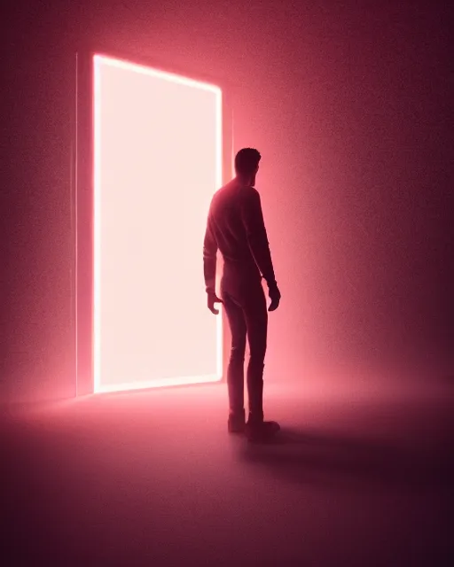 Image similar to a person standing in front of a glowy open door that's on a barren moon, poster art by mike winkelmann, trending on cg society, space art, sci - fi, ue 5, futuristic, volumetric lighting