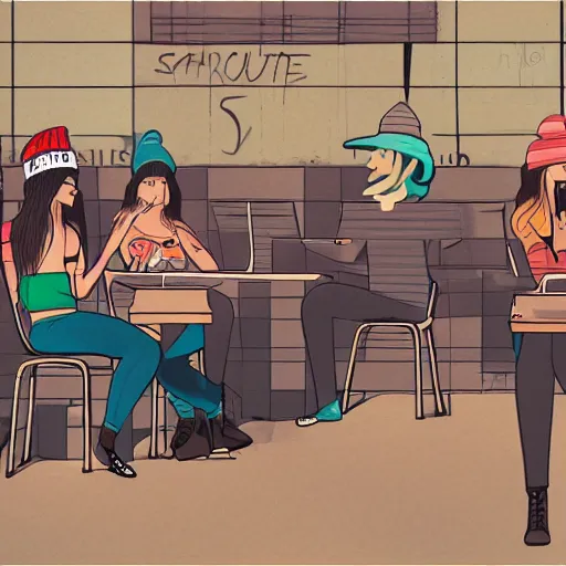 Image similar to hot girls sitting at starbucks being drawn by creepy guy in beanie, 8 k resolution, cinematic lighting, anatomically correct