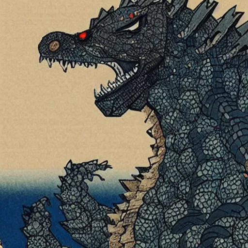 Prompt: Godzilla attacks Tokyo in the style of Hokusai