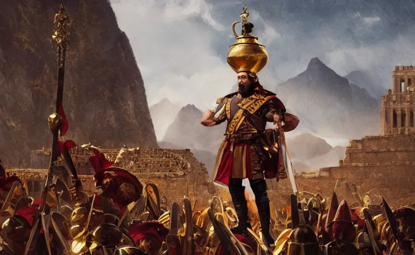 Image similar to spanish conquer soldier francisco pizarro holding golden cup on a inca temple, greg rutkowski, zabrocki, karlkka, jayison devadas, trending on artstation, 8 k, pincushion lens effect