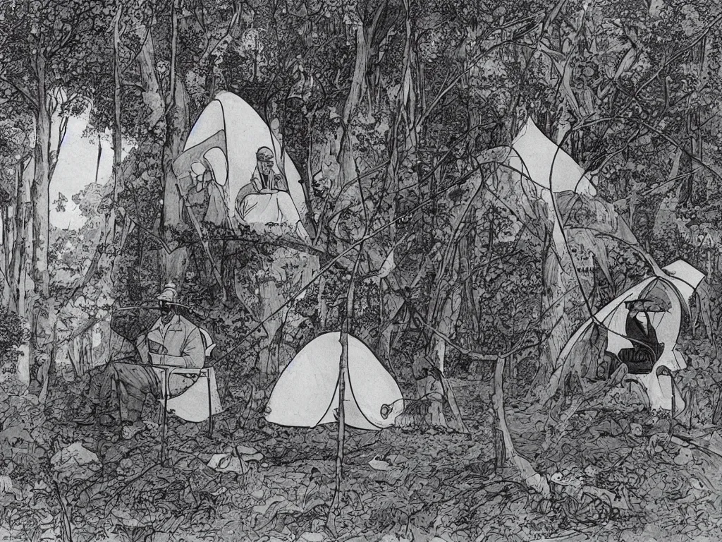 Prompt: man with eye glasses reading in a tent in the forest. plane in the sky far away. artwork by moebius, henri cartier bresson