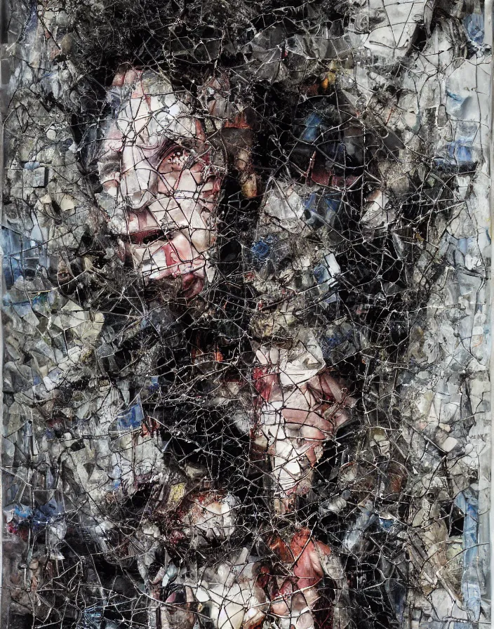 Prompt: chained sophisticated depravity, mixed media collage, assemblage, oil painting, minimalist, contemporary art, punk art, photorealistic, portrait, expressionism, masterpiece, dynamic composition, spectacular quality, intricate details, shattered glass texture, chains, smoke, water, light vivid