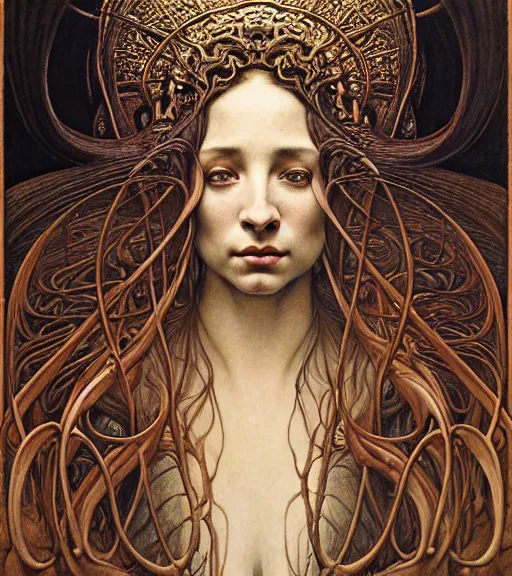 Prompt: detailed realistic beautiful young medieval sade face portrait by jean delville, gustave dore and marco mazzoni, art nouveau, symbolist, visionary, gothic, pre - raphaelite. horizontal symmetry by zdzisław beksinski, iris van herpen, raymond swanland and alphonse mucha. highly detailed, hyper - real, beautiful, fractal baroque