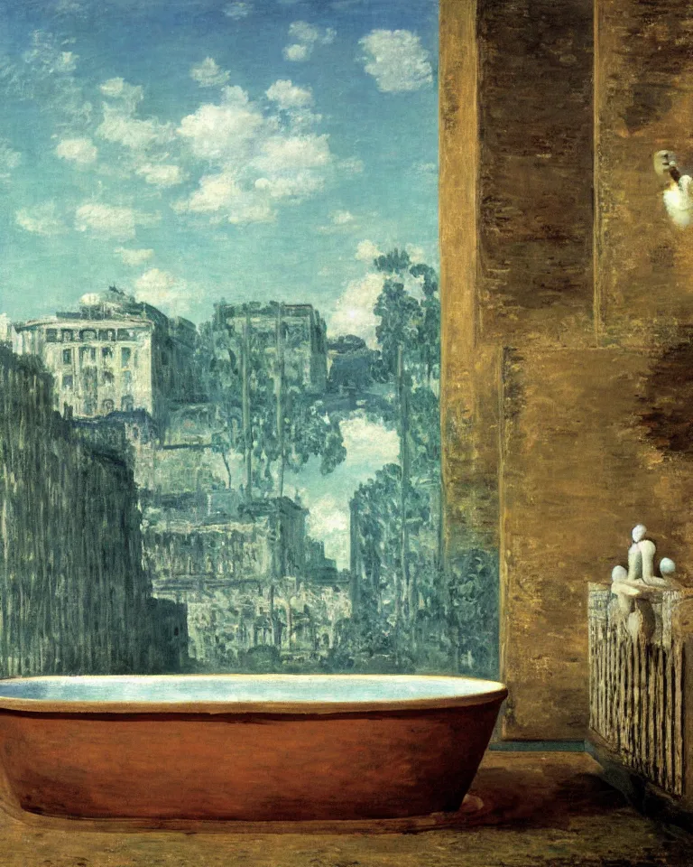 Prompt: achingly beautiful painting of an ancient roman bathtub by rene magritte, monet, and turner. piranesi.